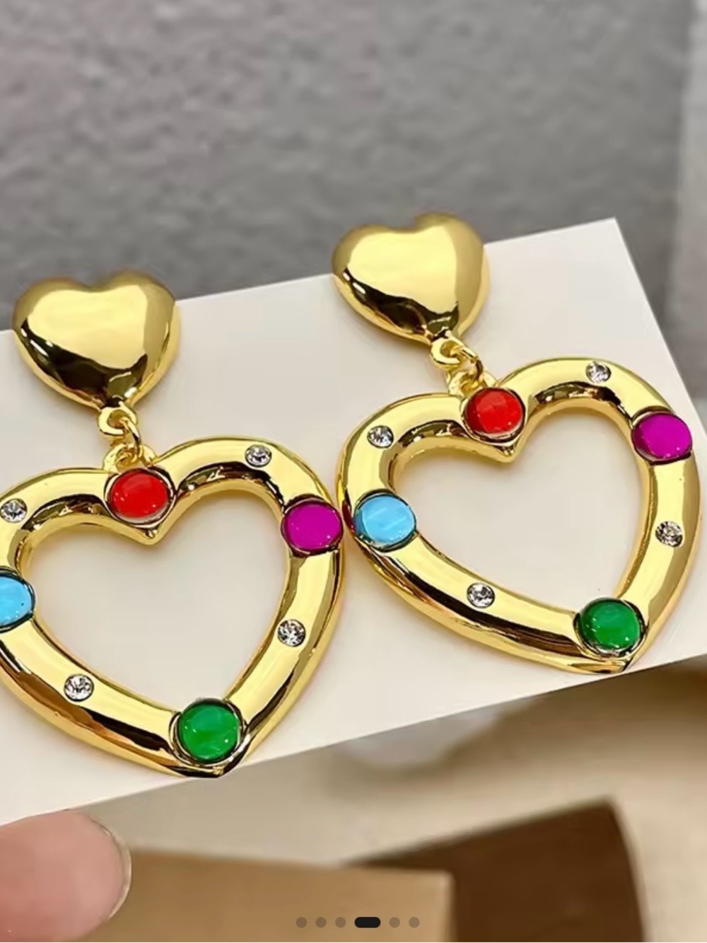 Gold Heart Drop Earrings with Multicolor Accents